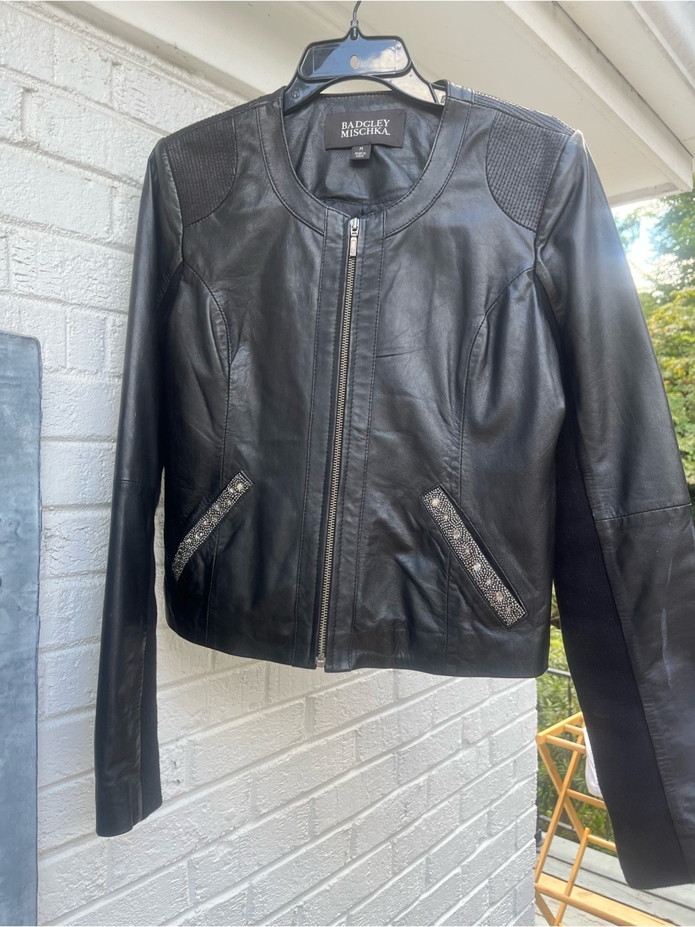 Badgley Mischka Black Leather Pearl Beaded Moto Jacket M